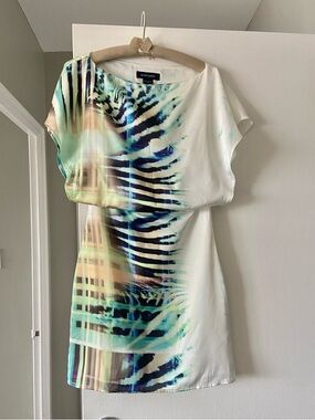Marciano White Mini Dress with Teal and Black Abstract Print